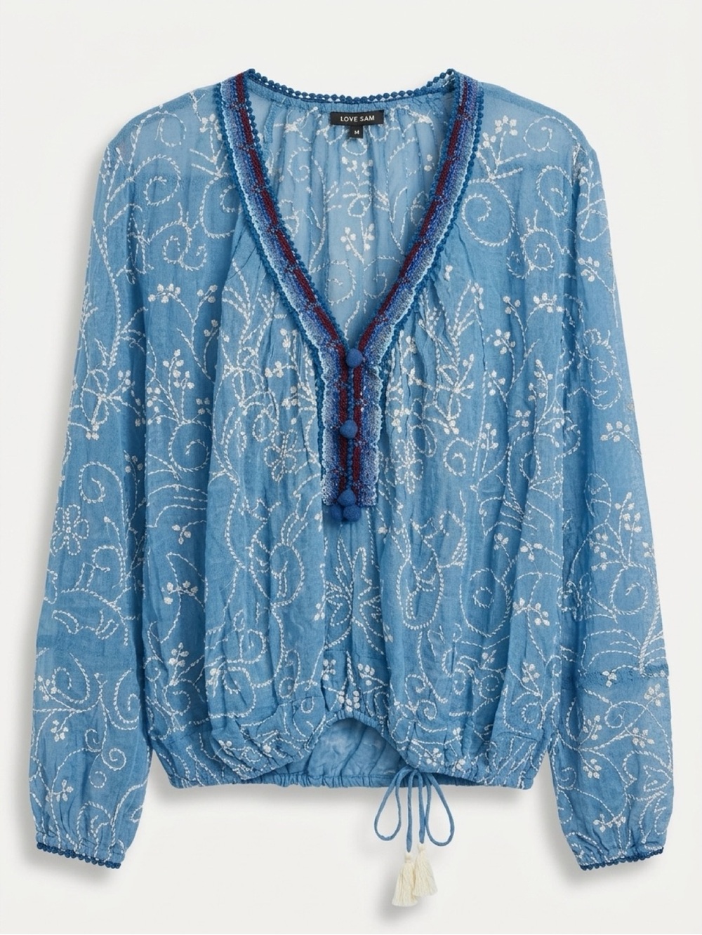 Love Sam Blue Embroidered Peasant Top with Tassel Tie